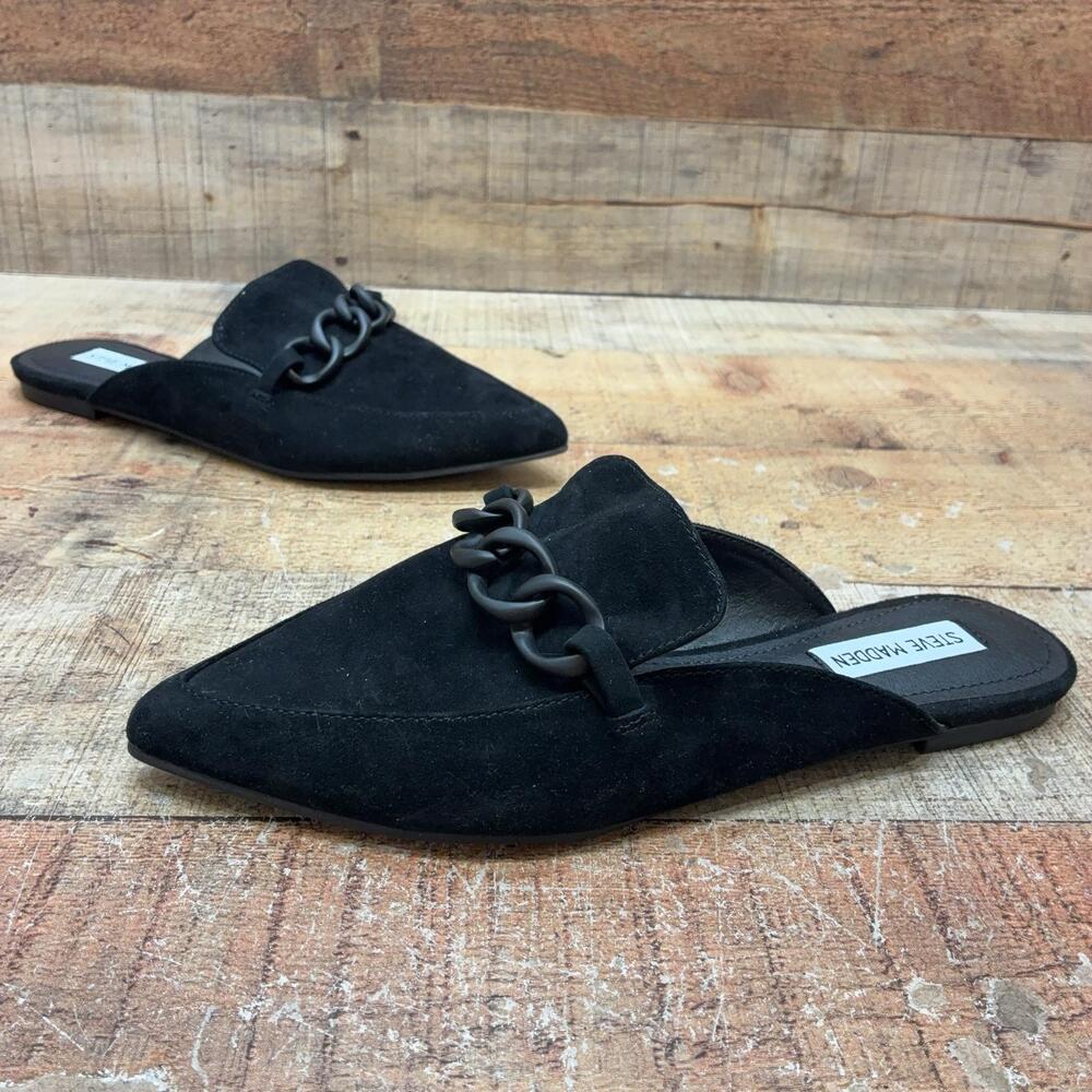 Steve Madden Forte Slides Womens Size 8.5 39 Black Leather Chain Mules